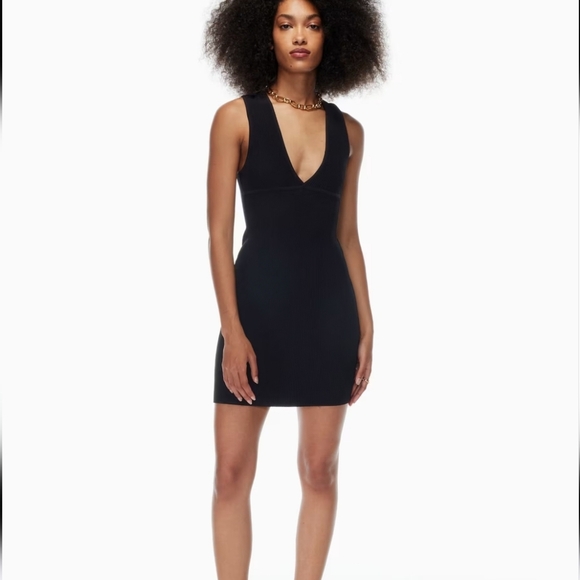 Aritzia Babaton Deep V Neck Sculpt Knit Ribbed Dress Sz M Black - Picture 2 of 15